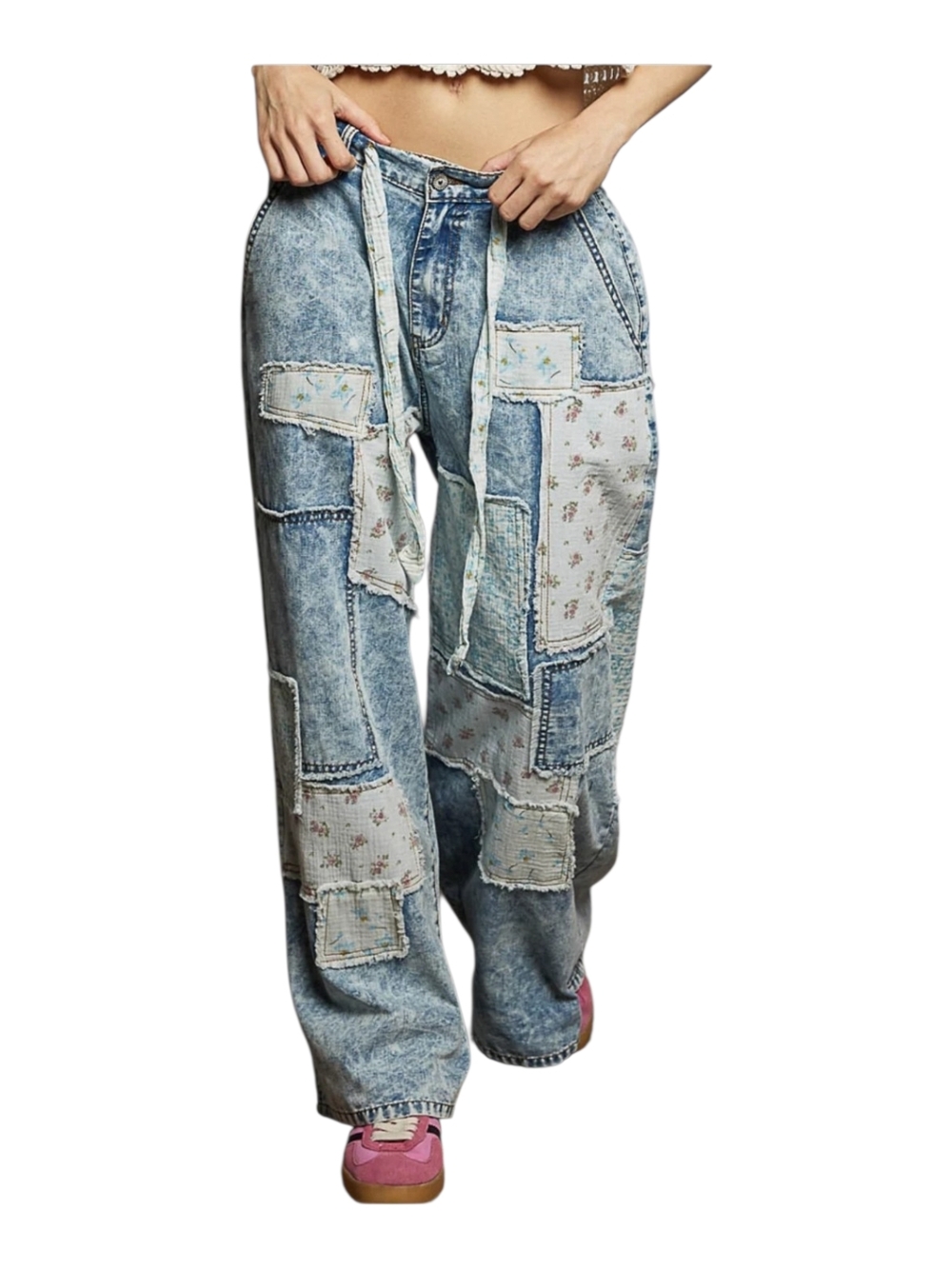 POL Light Blue Patchwork Jeans with Floral Insets